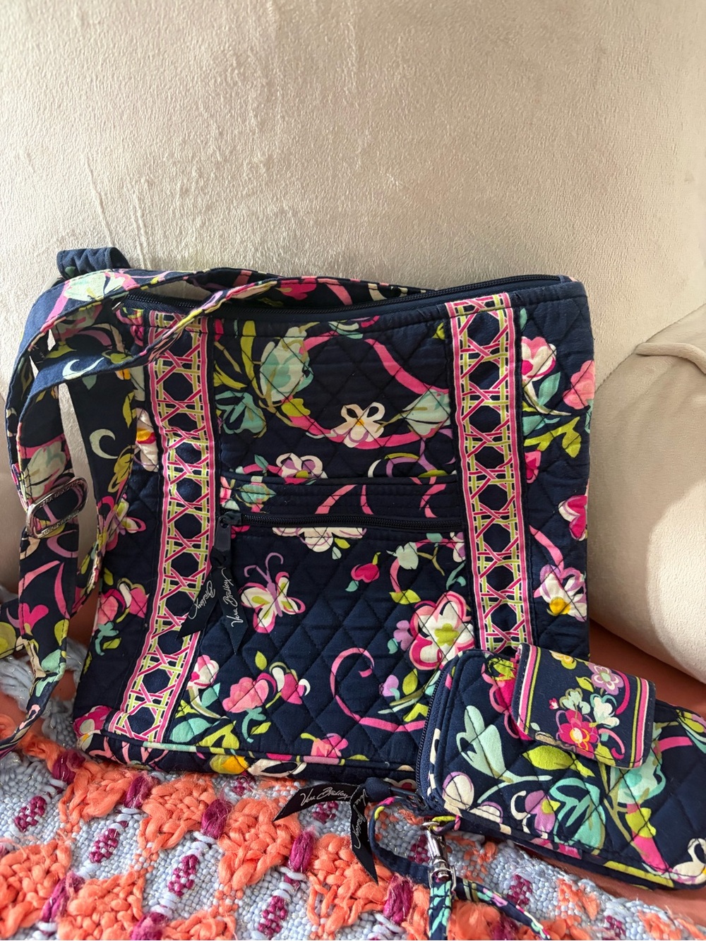 2 Piece Vera Bradley Ribbons Hipster Crossbody & Wallet w/ Pink & Mint Accents